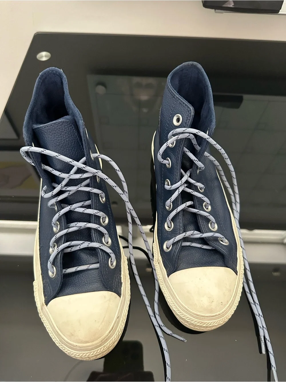 Navy Blue High-Top Leather Converse with White Toe Cap - Picture 2 of 4